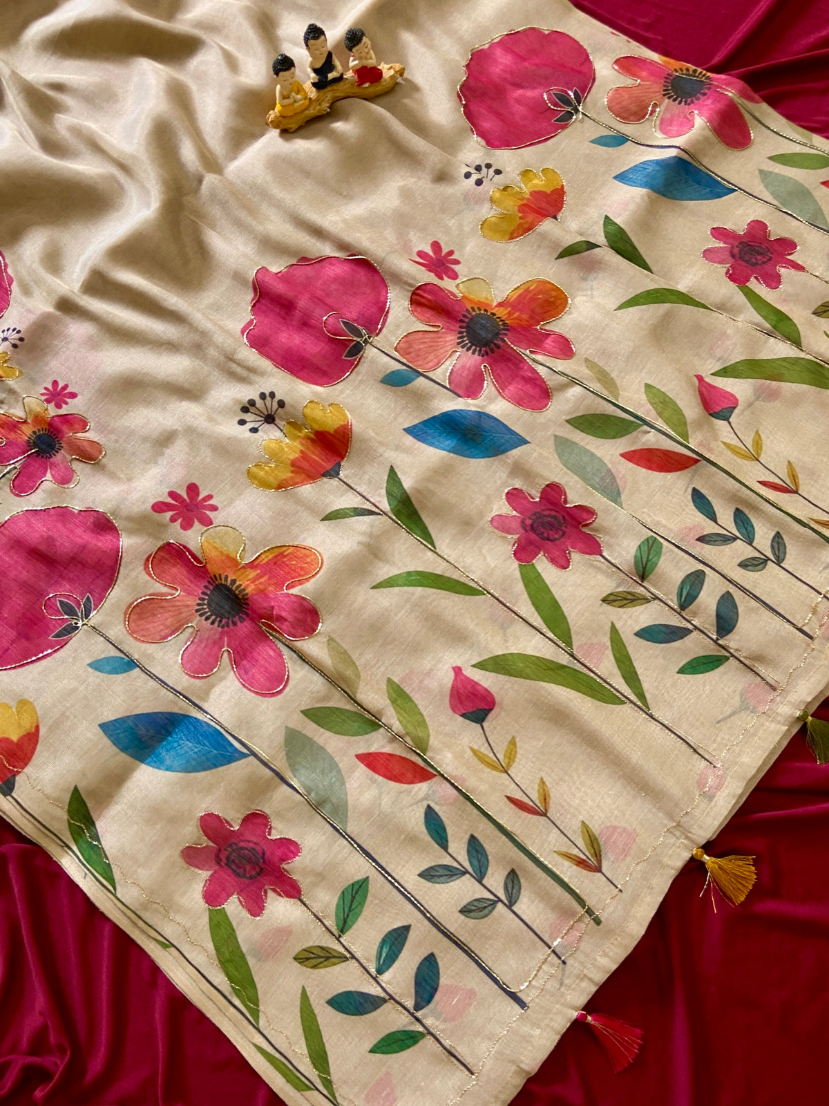Elegant Beige Floral Handcrafted Aari Work Tissue Silk Saree