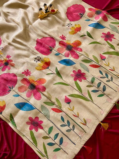 Elegant Beige Floral Handcrafted Aari Work Tissue Silk Saree