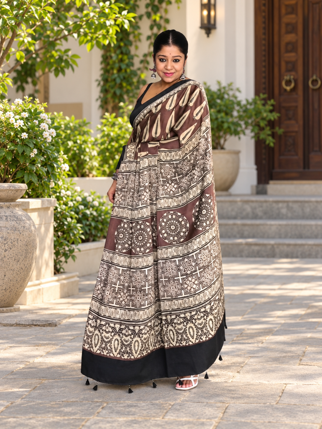 Elegant Brown & Beige Abstract Hand Block Printed Modal Silk Saree
