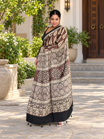 Elegant Brown & Beige Abstract Hand Block Printed Modal Silk Saree