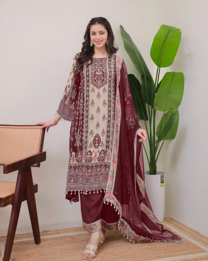 Designer Wine & Beige Shimmer Suit Set with Fancy Mirror Work