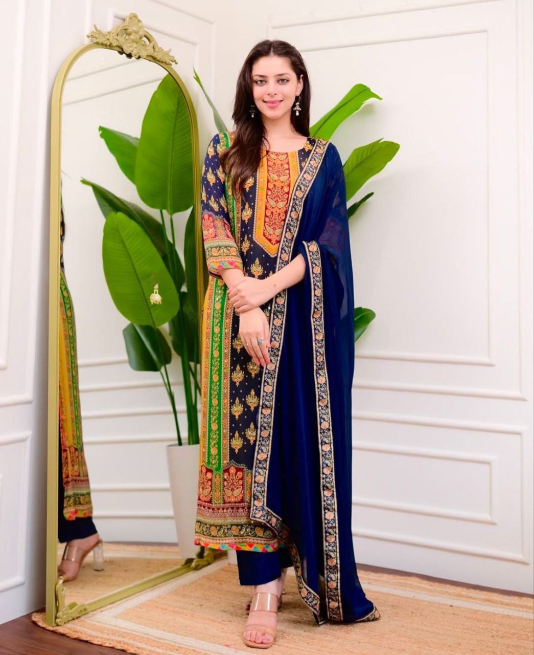 Royal Navy Blue Printed Muslin Suit Set with Embroidered Mustard Yoke
