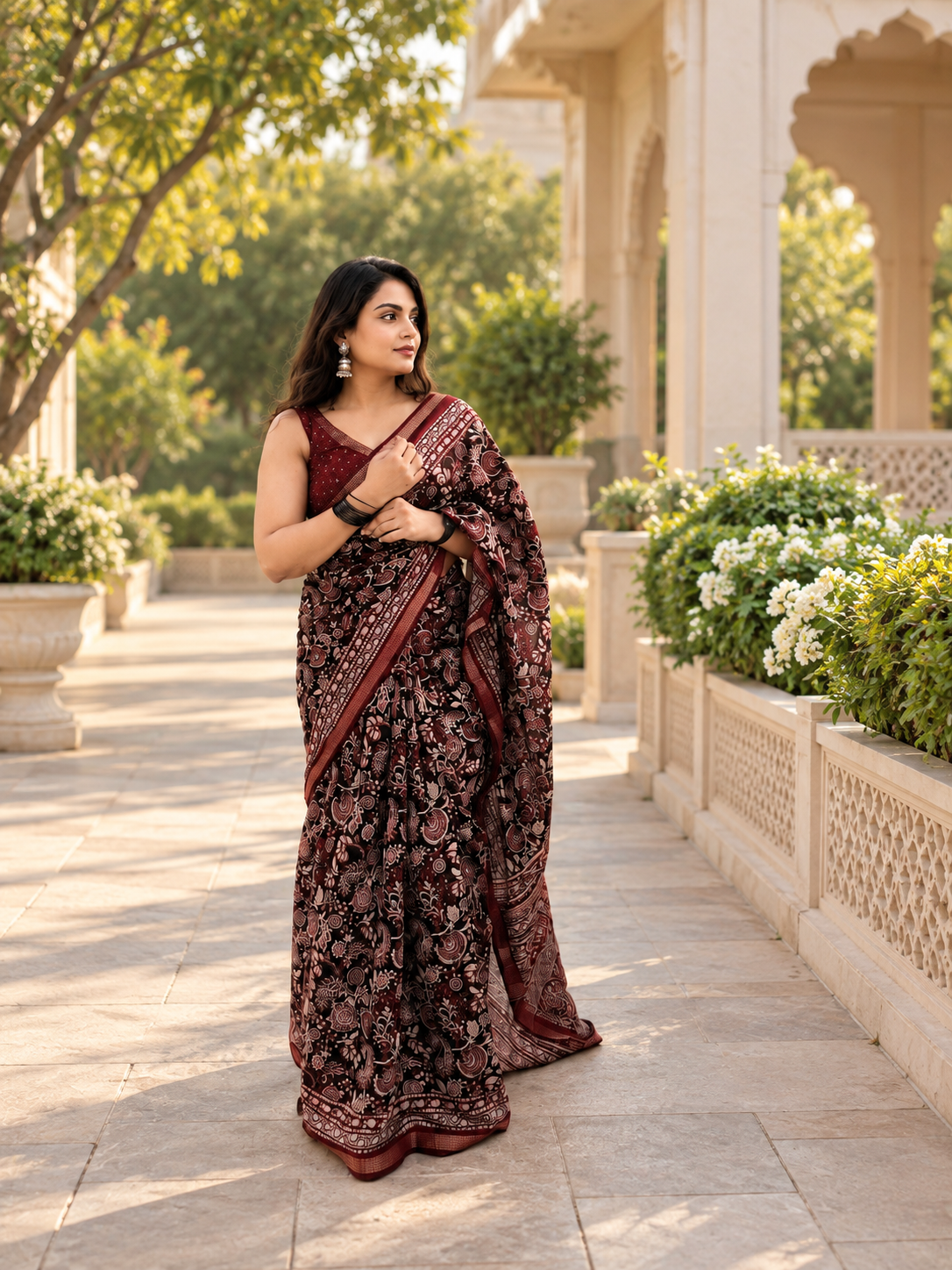 Elegant Premium Silk Cotton Kalamkari Print Saree with Zari Border