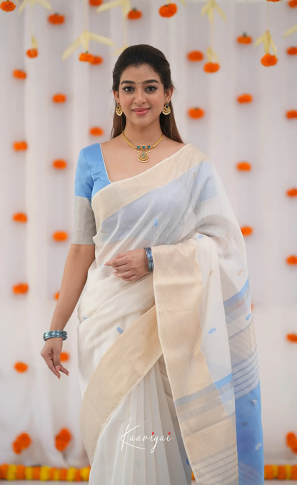 Ivory White & Sky Blue Handloom Style Cotton Saree with Soft Contrast Pallu