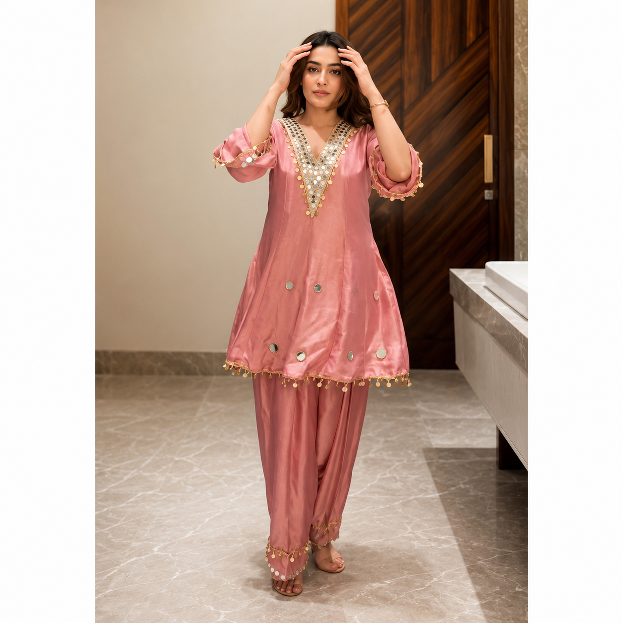 Designer Onion Pink Coss Moss Silk Mirror Work Kurta Pant Set with Dupatta
