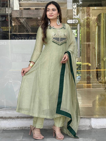 Very Attractive Pastel Sage Green Pure Salsa Silk Embroidered Anarkali Suit Set
