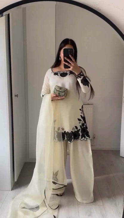 Elegant Cream Fendy Silk Embroidery Suit Set