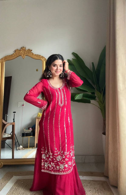 Premium Rani Pink Georgette Sharara Suit with Heavy Sequin Embroidery Work