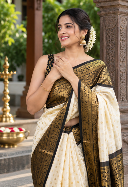 Beautiful Off-White Woven Soft Banarasi Silk Saree with Black and Gold Zari Border