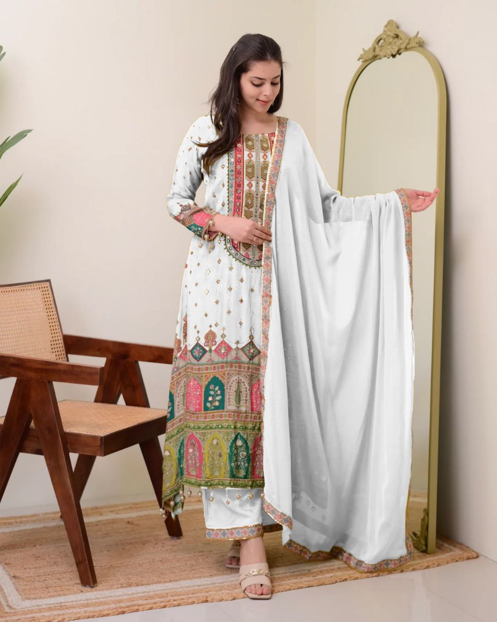 Elegant White Printed Muslin Suit Set with Sequin Embroidery Work