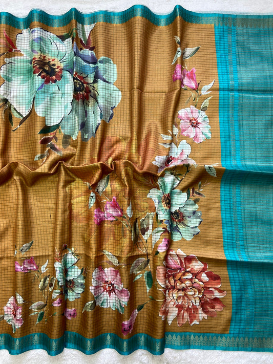 Pavitra Mustard-Teal Floral Print Soft Tussar Silk Saree
