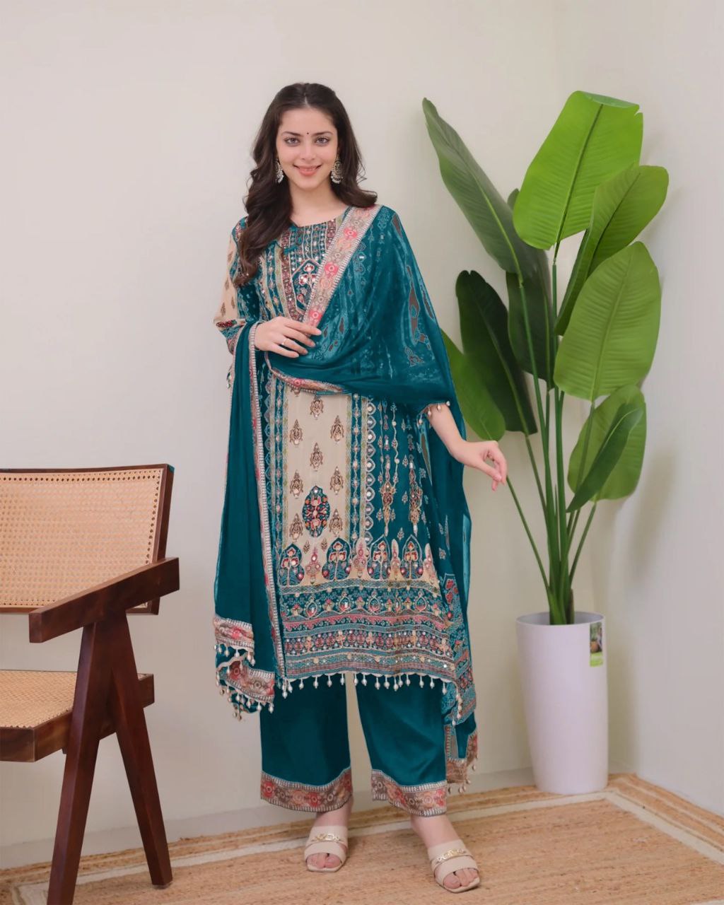 Royal Teal & Beige Printed Model Satin Suit Set with Fancy Mirror Work