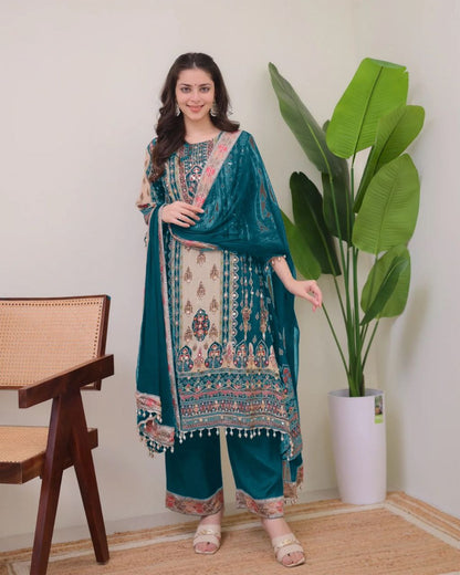 Royal Teal & Beige Printed Model Satin Suit Set with Fancy Mirror Work