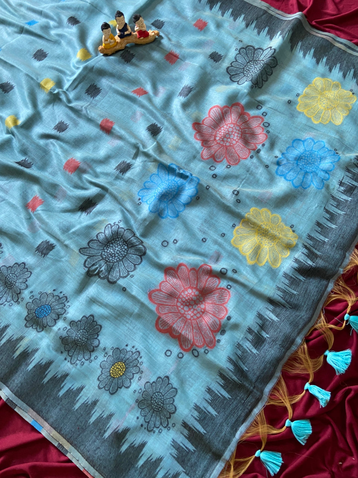 Very Attractive Slate Blue Floral Woven Soft Muga Cotton Saree