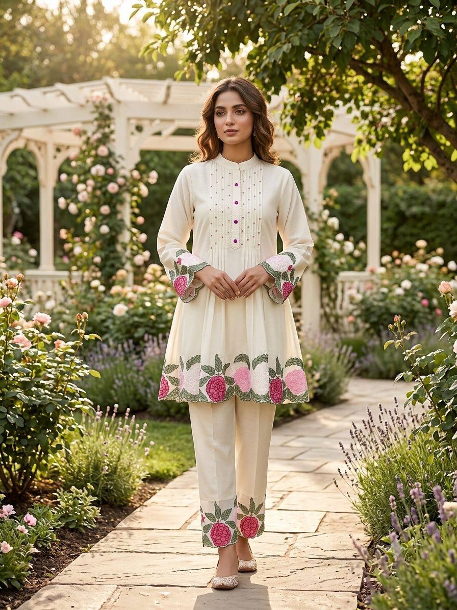 Premium Roman Silk Floral Embroidered Co-ord Suit Set
