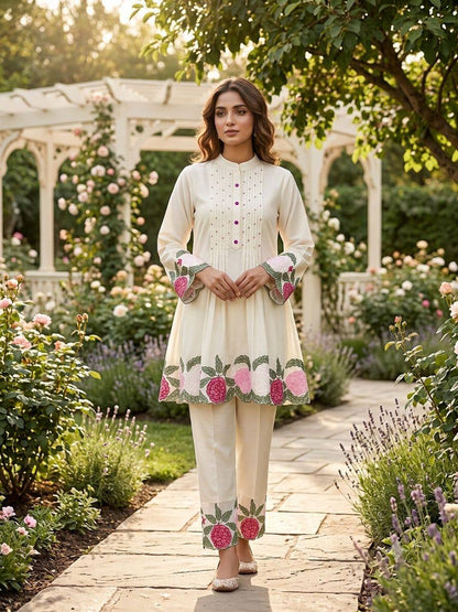 Premium Roman Silk Floral Embroidered Co-ord Suit Set