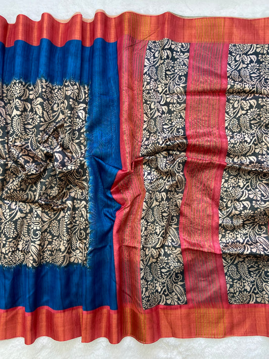 Mirza Royal Blue Kalamkari Printed Soft Tussar Silk Saree