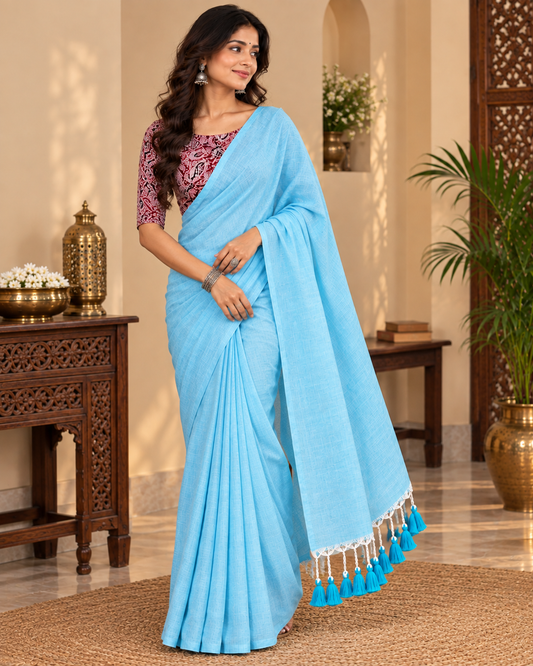 Designer Khadi Cotton Handloom Saree With Stiched Blouse