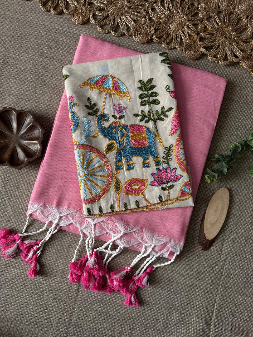 Pink Handloom Cotton Saree With Havy Embroidery Blouse