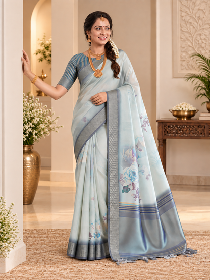 Premium Gray Soft Tissue Silk Saree with Floral Digital Prints