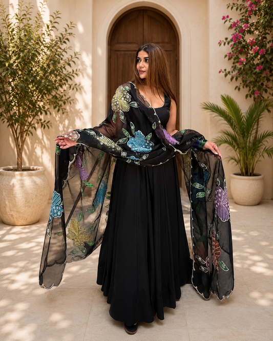 Premium Black Natural Crepe Anarkali Suit Set With Colorful Floral Dupatta