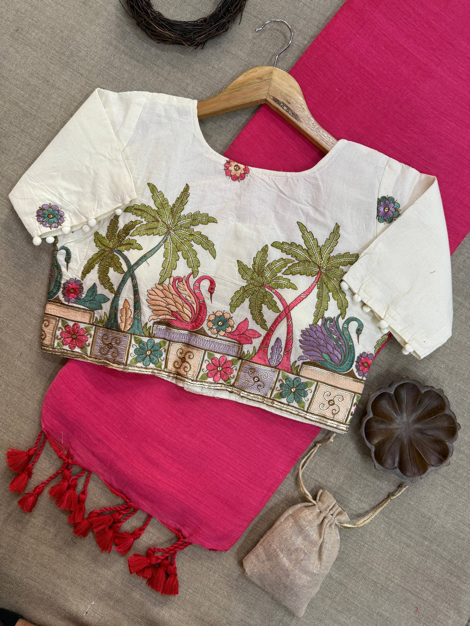 Baby Pink Pure Handloom Cotton Saree With Stitched Embroidery Blouse