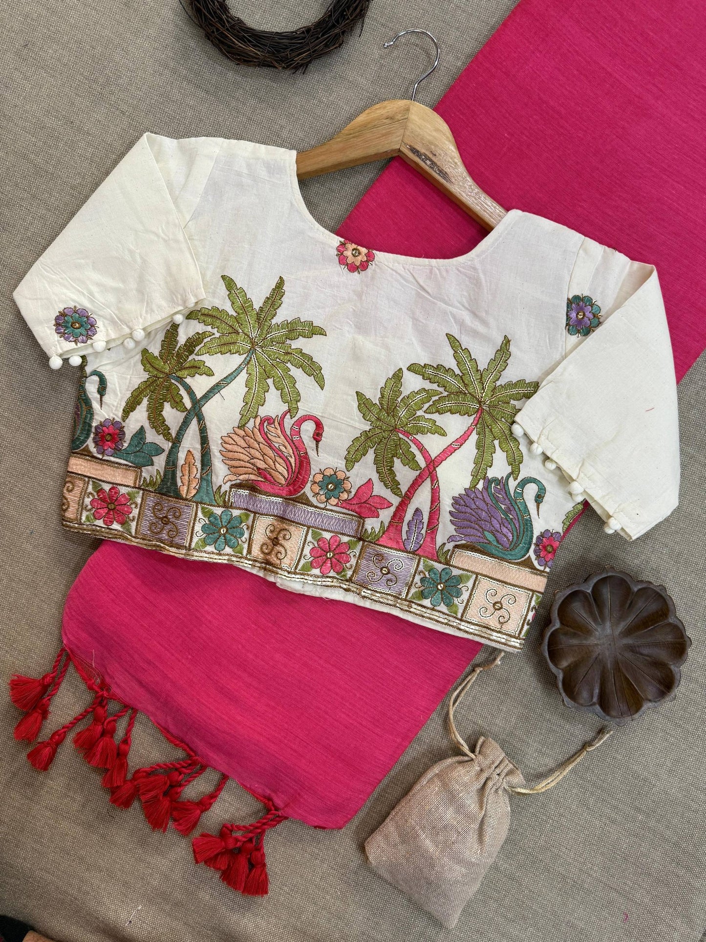 Baby Pink Pure Handloom Cotton Saree With Stitched Embroidery Blouse