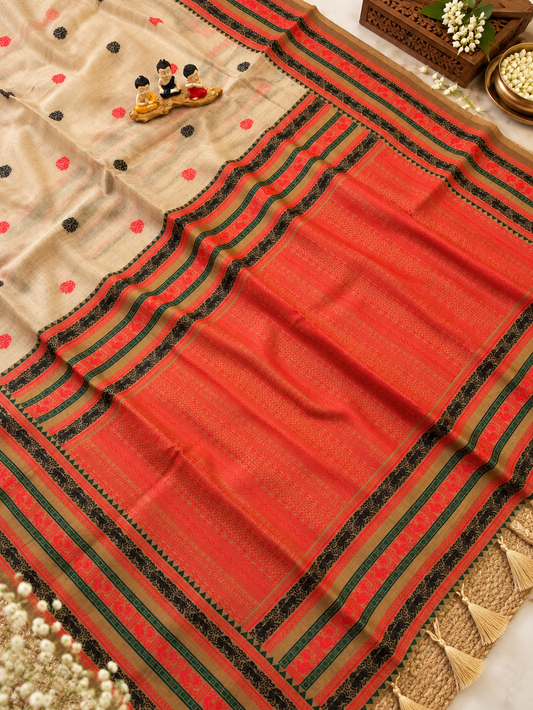 Elegant Beige Soft Muga Cotton Saree with Traditional Border and Tassels