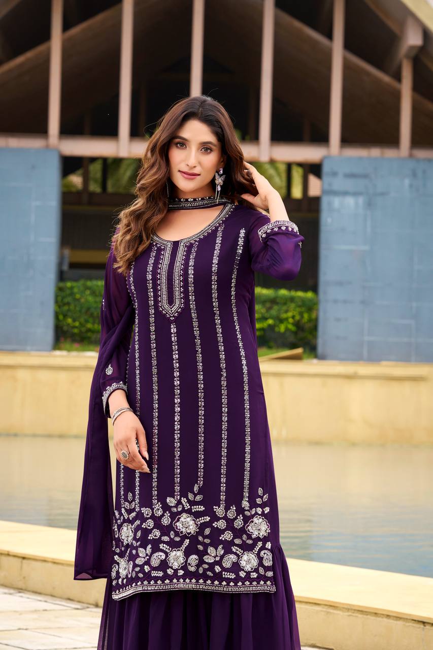 Royal Purple Georgette Embroidered Sharara Suit Set with Sequin Work
