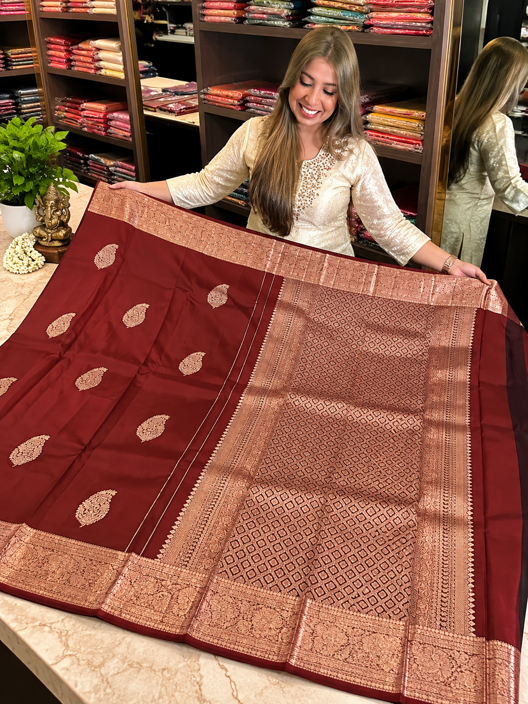 Premium Wine Soft Banarasi Silk Saree with Antique Gold Zari