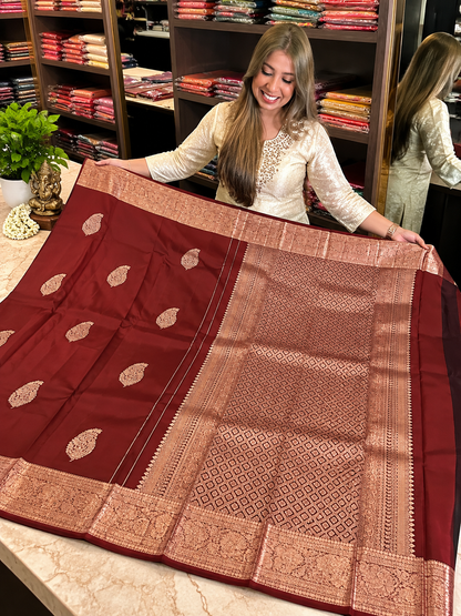 Premium Wine Soft Banarasi Silk Saree with Antique Gold Zari