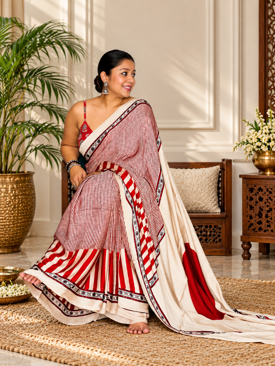 Excellent Cream and Red Striped Heritage Modal Silk Saree