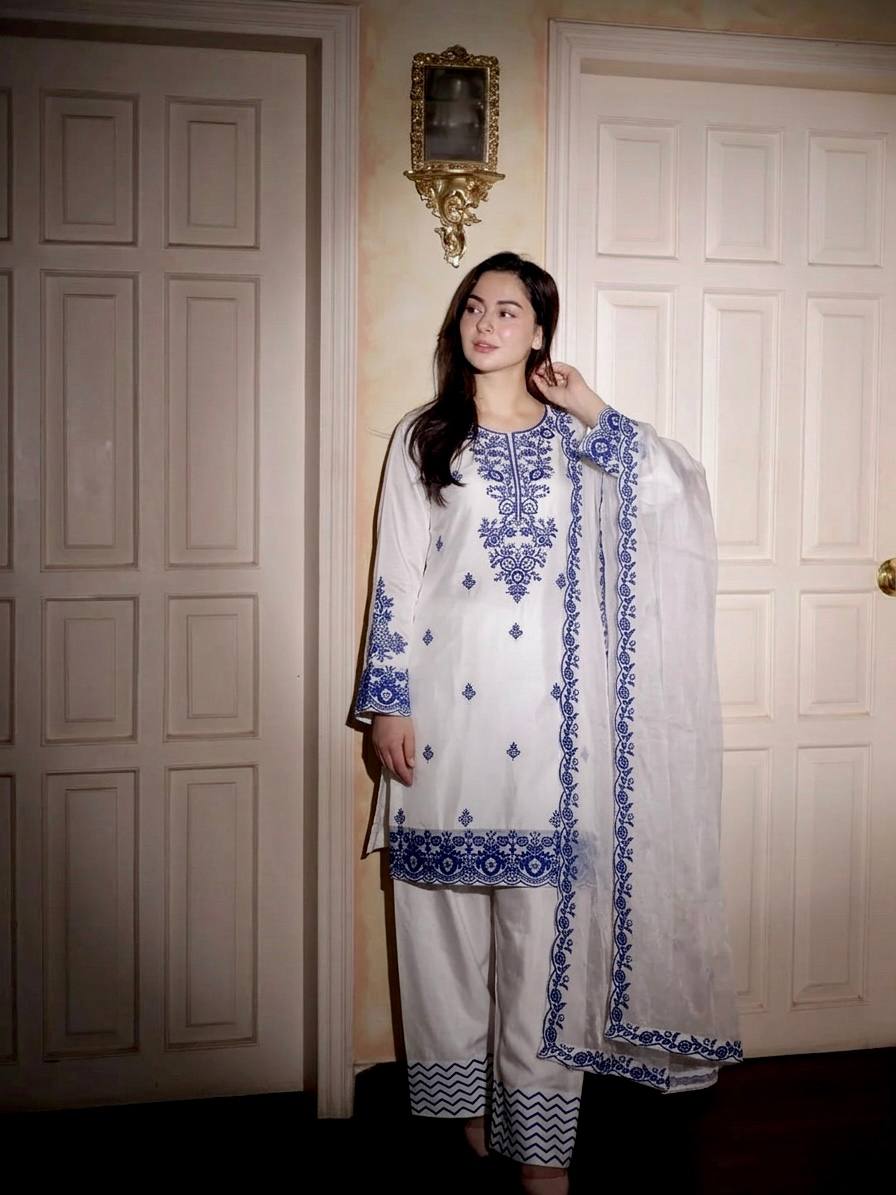 Elegant White Blue Rayon Cotton Embroidery Suit Set
