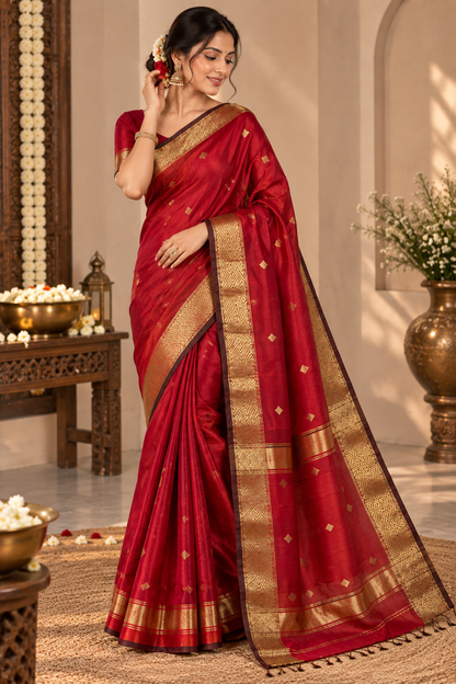 Royal Red Handloom Maheshwari Cotton Silk Sarees