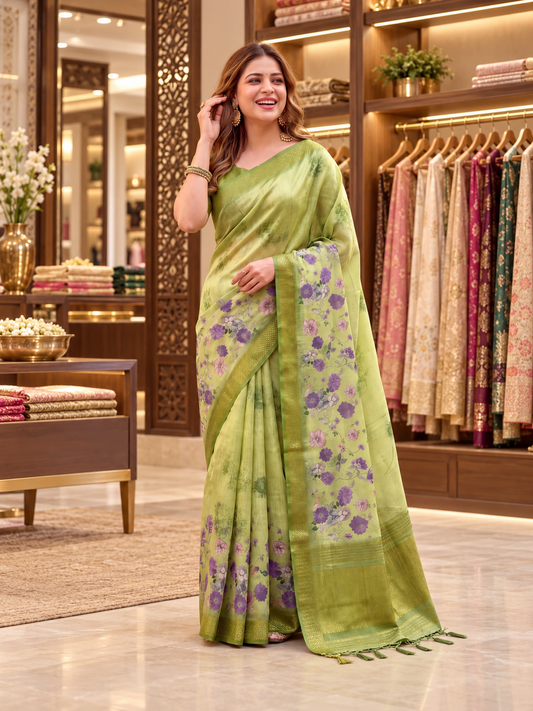 Kiara Lime Green Floral Print Soft Tissue Silk Saree with Woven Zari Border