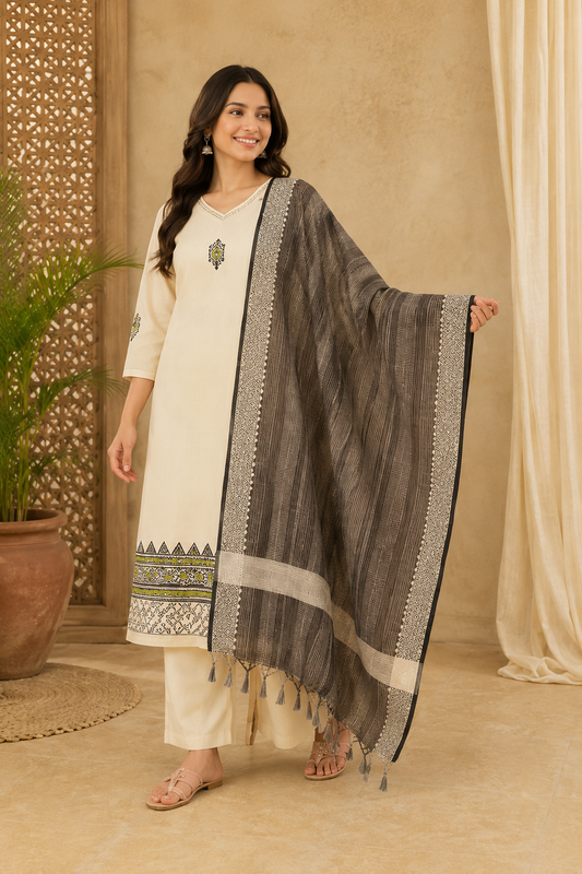 Premium Heritage Khadi Cotton Embroidery Suit Set With Real Mirror Work