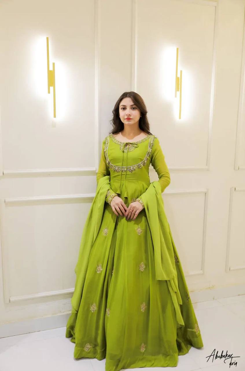 Attractive Parrot Green Georgette Embroidery Anarkali Gown with Dupatta