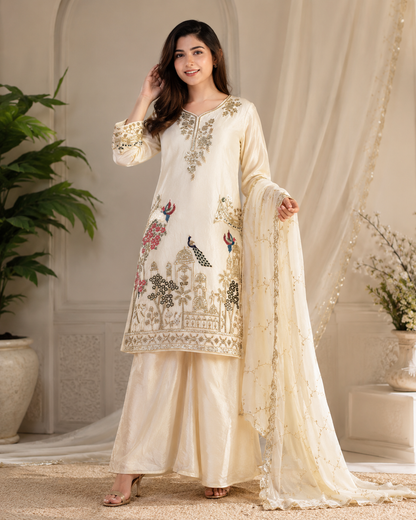 Very Beautiful Cream Fendy Silk Suit Set with Peacock Sequins Embroidery