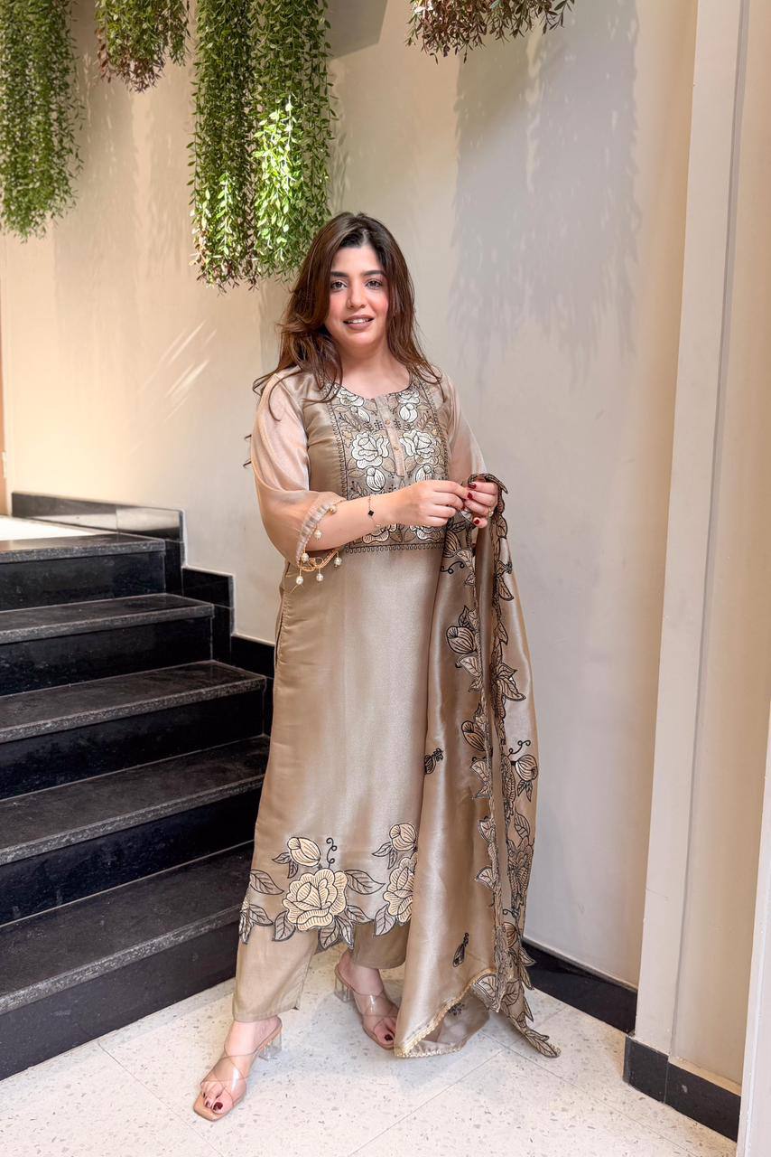 New Designer Jimmy Choo Silk Embroidered Suit Set with Dupatta