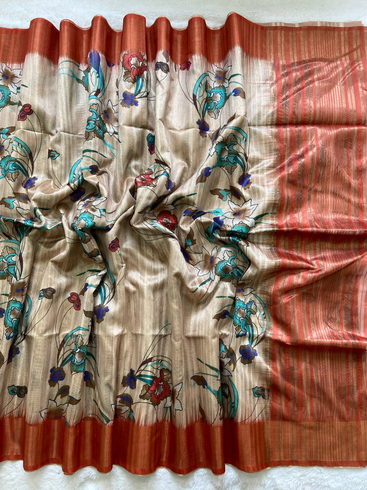 Aurelia Rust Bloom Floral Printed Soft Tussar Silk Saree