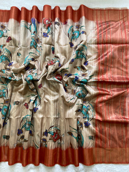 Aurelia Rust Bloom Floral Printed Soft Tussar Silk Saree