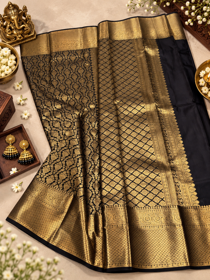 Very Attractive Black & Gold Woven Jacquard Soft Banarasi Silk Saree