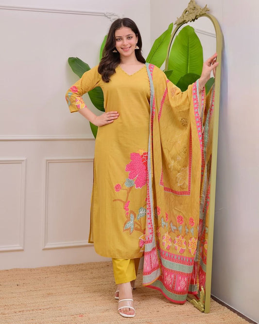 Designer Mustard Yellow Muslin Silk Suit Set with Premium Digital Floral Print