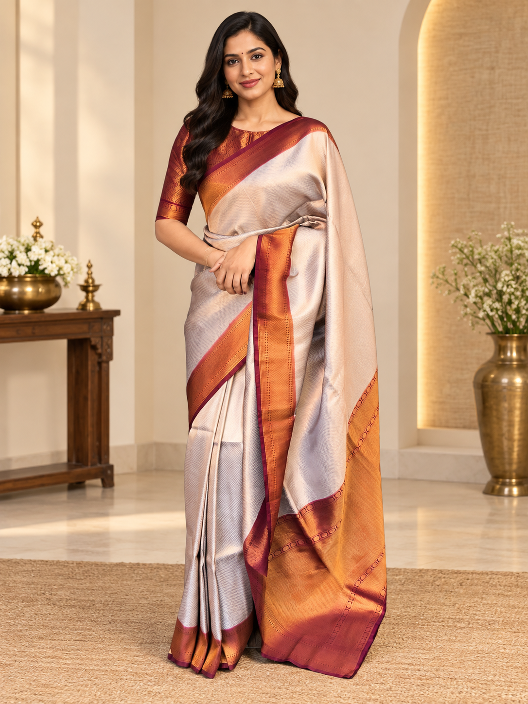 Elegant Cream & Maroon Soft Banarasi Silk Festive Saree