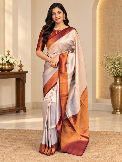 Elegant Cream & Maroon Soft Banarasi Silk Festive Saree