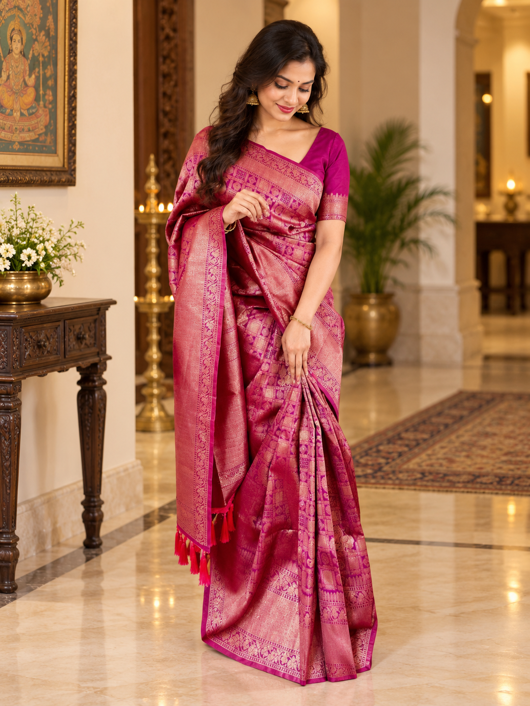 Elegant Magenta Purple Woven Soft Banarasi Silk Saree with Antique Blouse Piece