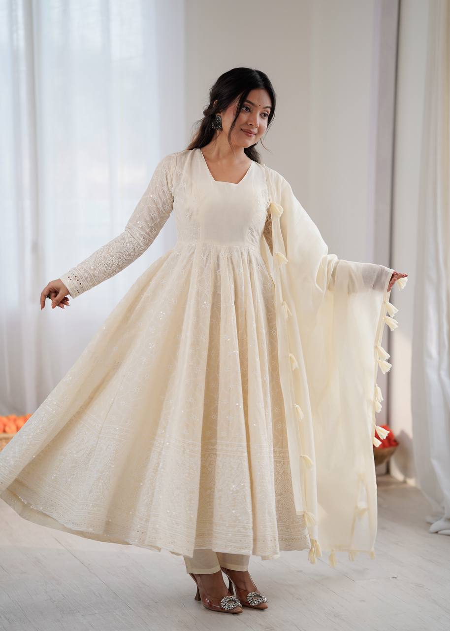 Elegant Off-White Pure Kora Cotton Anarkali Suit Set