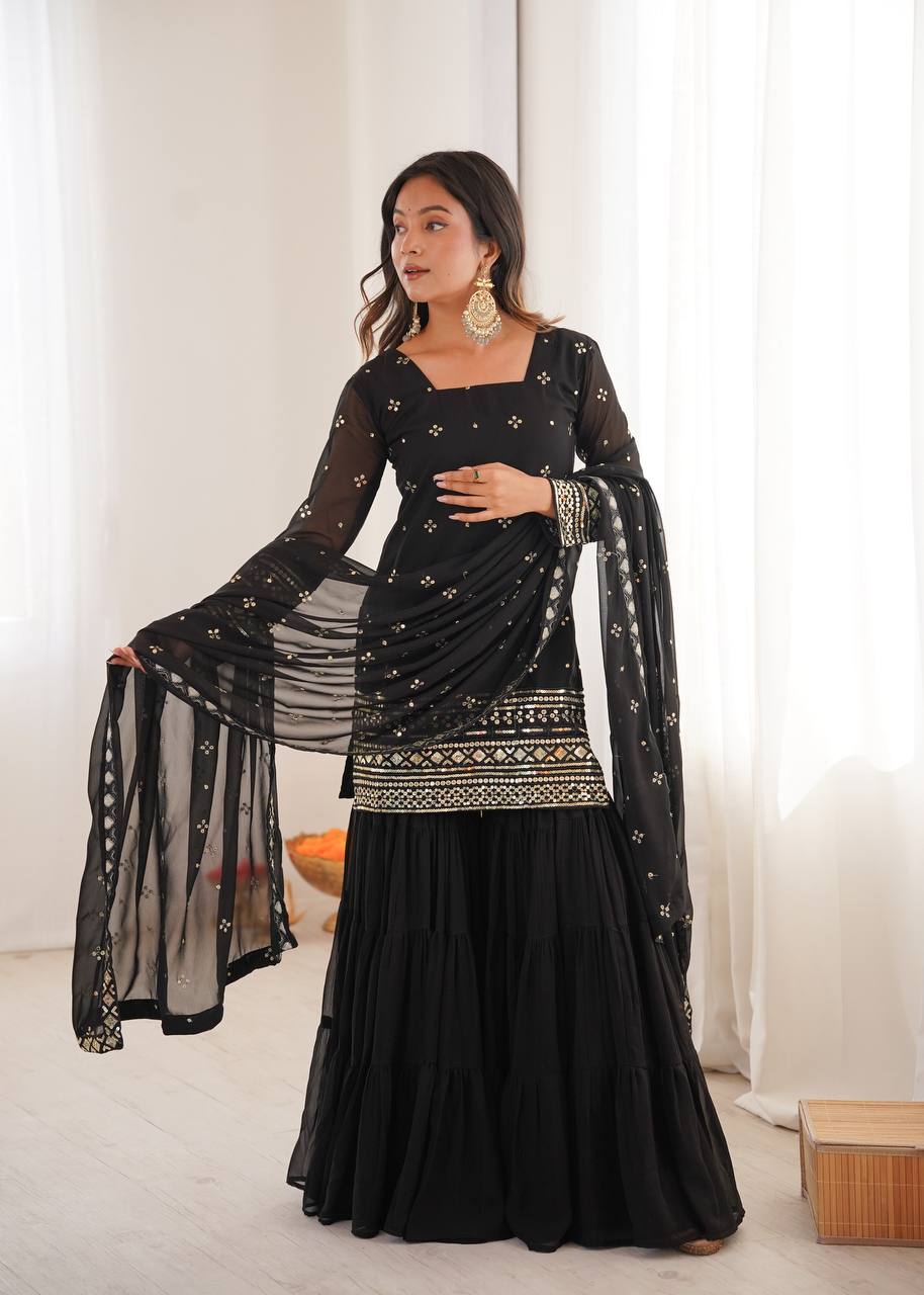 Black Pure Heavy Georgette Embroidery Sharara Suit Set