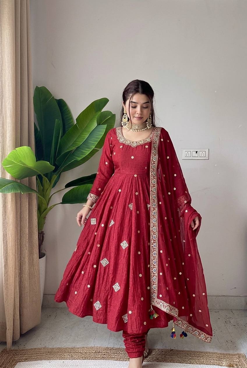 Festive Maroon Crunchy Silk Embroidered Anarkali Suit Set