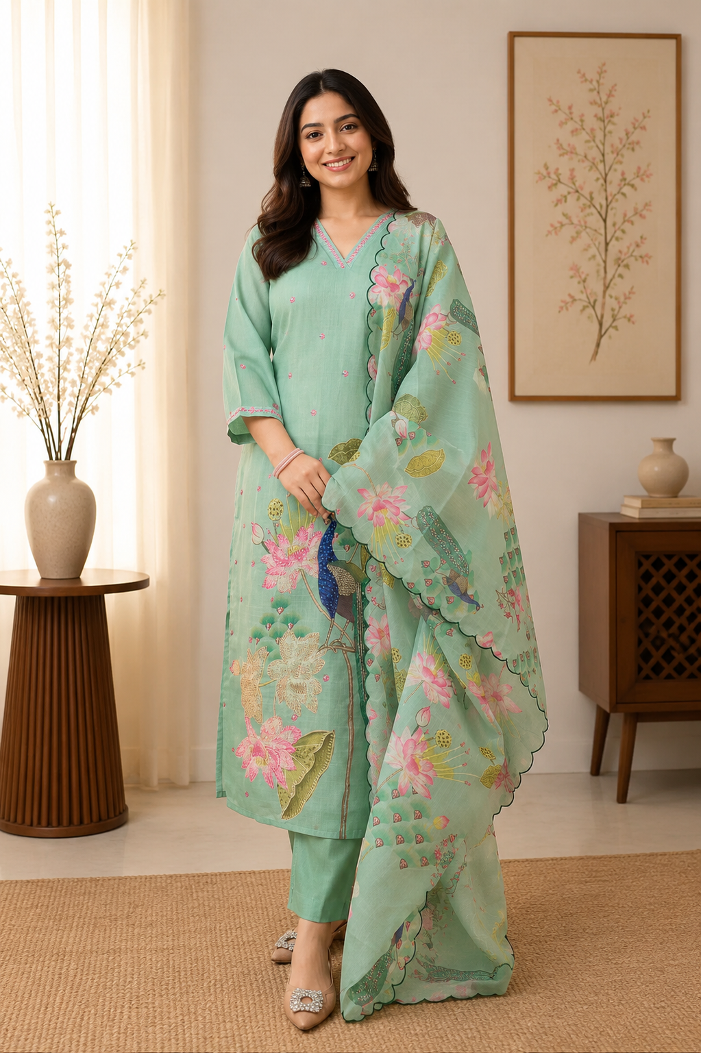 New Designer Mint Green Linen Cotton Suit Set with Handwork